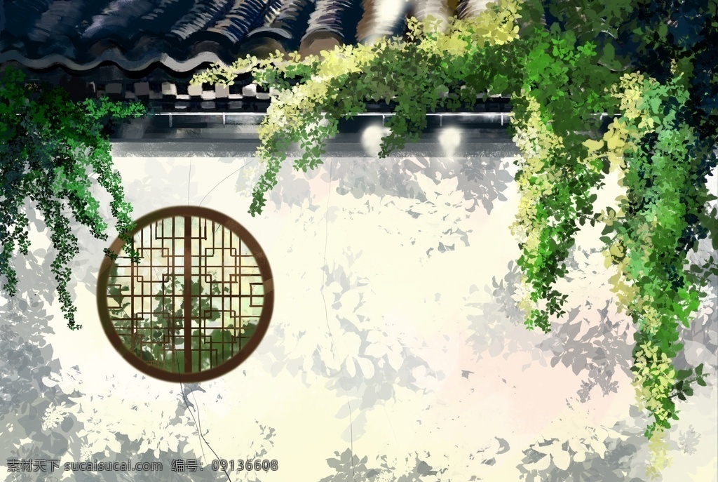 园林 夏季 清新 插画 卡通 背景 类 分层