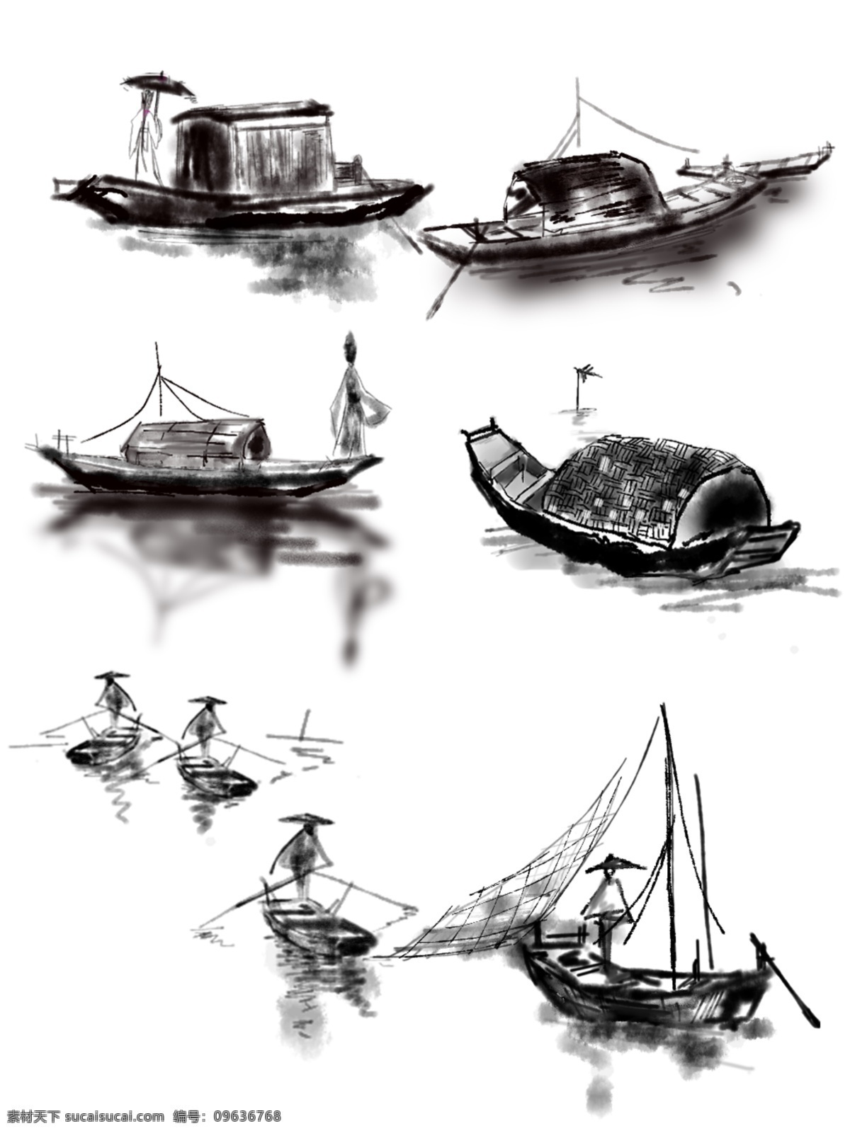 水墨 国画 船 黑白 舟 渔船 山水 元素 古风 免 抠 水墨画 中国画 船只 免抠 交通工具