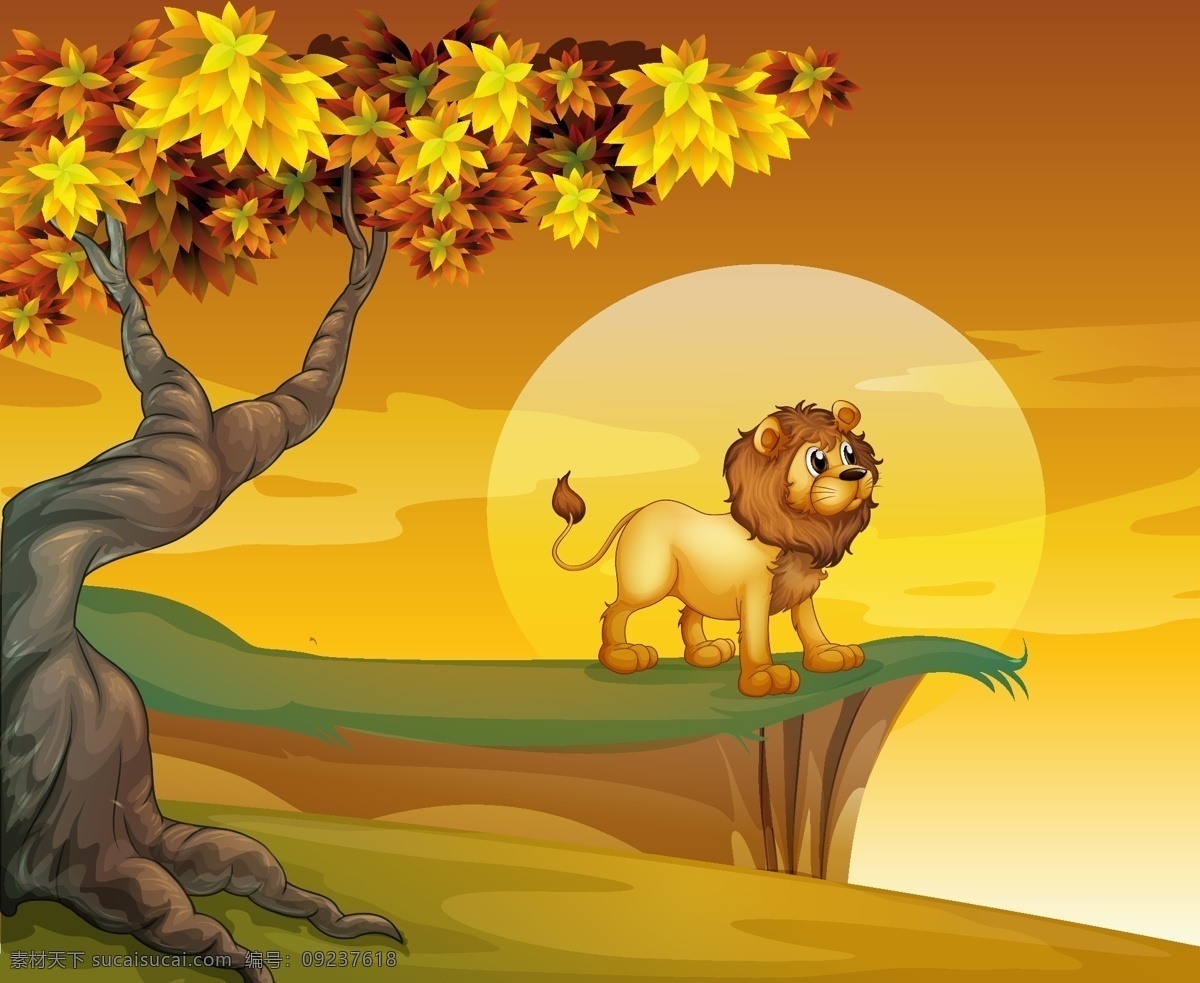 森林 里 狮子王 插画 卡通 大树 秋天 动物 猴子王 太阳