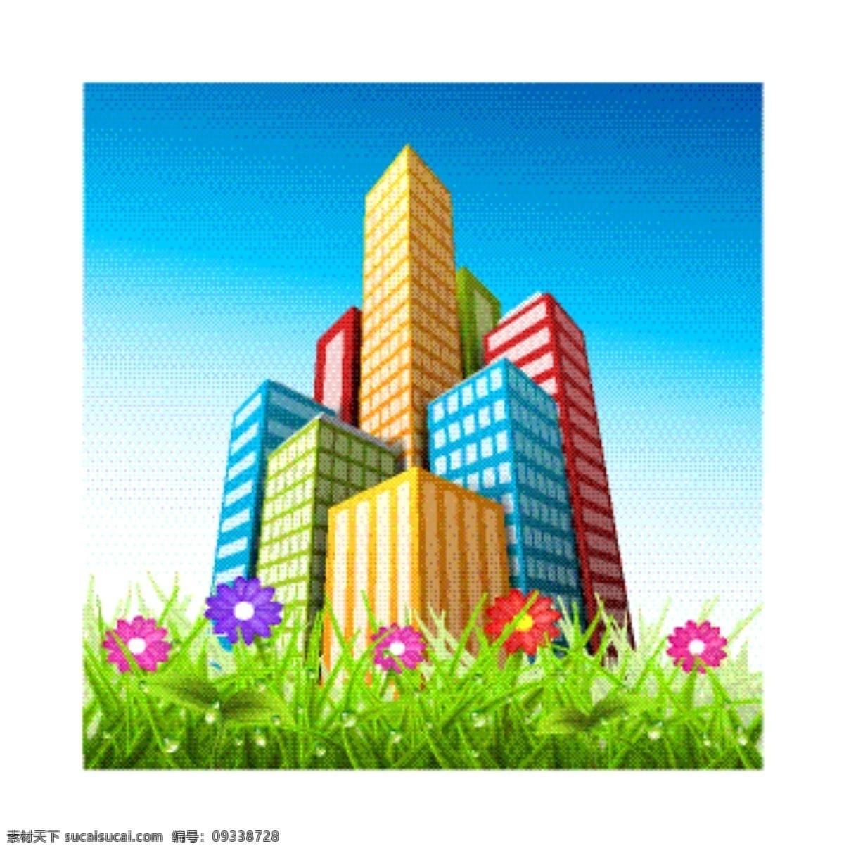 城市建筑 卡通花朵 鲜花 绿叶 绿色环保 生态环保 高楼大厦 摩天大楼 卡通城市漫画 城市风景