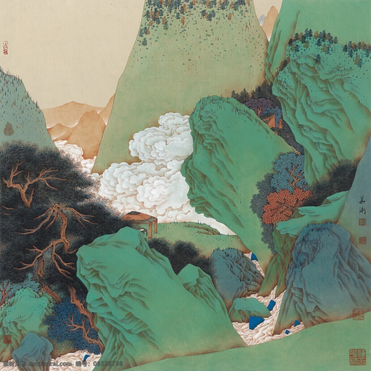 中国画 青山绿水 工笔 重 国画 郭华卫 屏风 山水画 山水工笔 山水国画 工笔画 工笔重彩 中国画拍摄 文化艺术 绘画书法