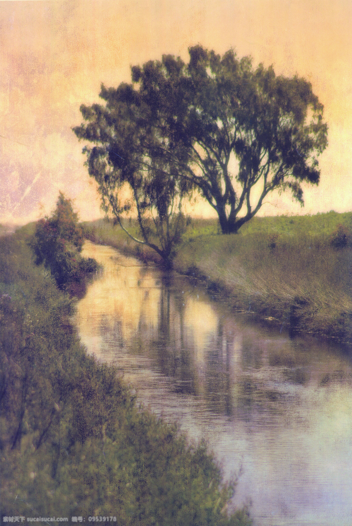 风景 油画 河边 树 小河 黄昏 黄色