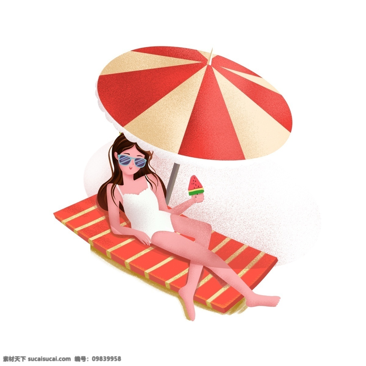 手绘 海边 度假 赛 日光浴 女孩 卡通 插画 沙滩 遮阳伞 西瓜 夏天 女人