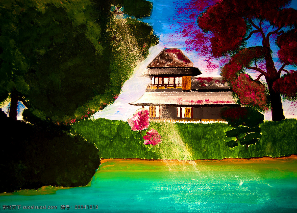 油画 树木 房屋 名画 艺术 绘画 文化艺术 艺术品 世界名画 书画文字