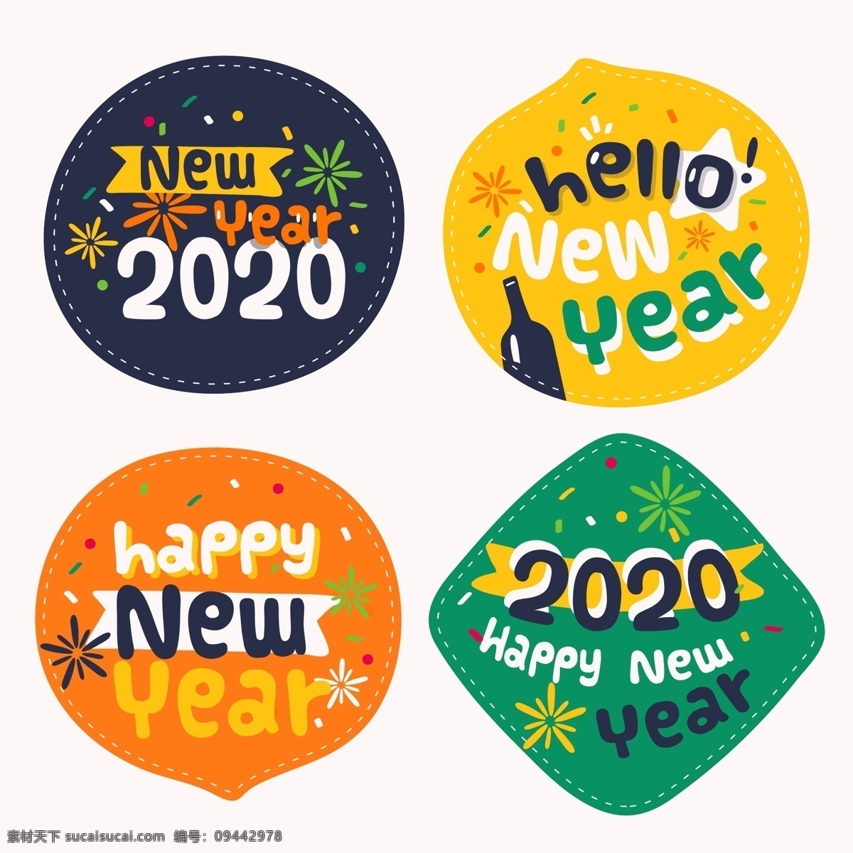 款 彩色 2020 年 新年 标签 2020年 新年快乐 烟花 彩色纸屑 香槟酒 文化艺术 节日庆祝