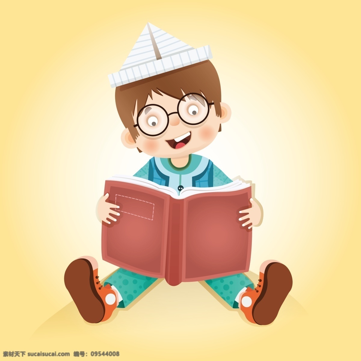 卡通 小孩 书 读书 小孩读书 小孩那书 戴眼镜 帽子 小孩笑容