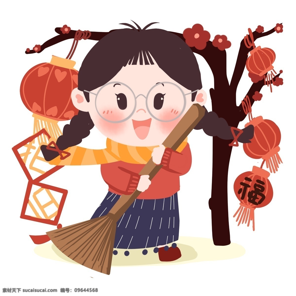 新年 萌 系 女孩 除旧迎新 年 春节 灯笼 星星 卡通 眼镜 2019 扫把 除旧 贺春 双马尾女孩 萌系 黄色围巾
