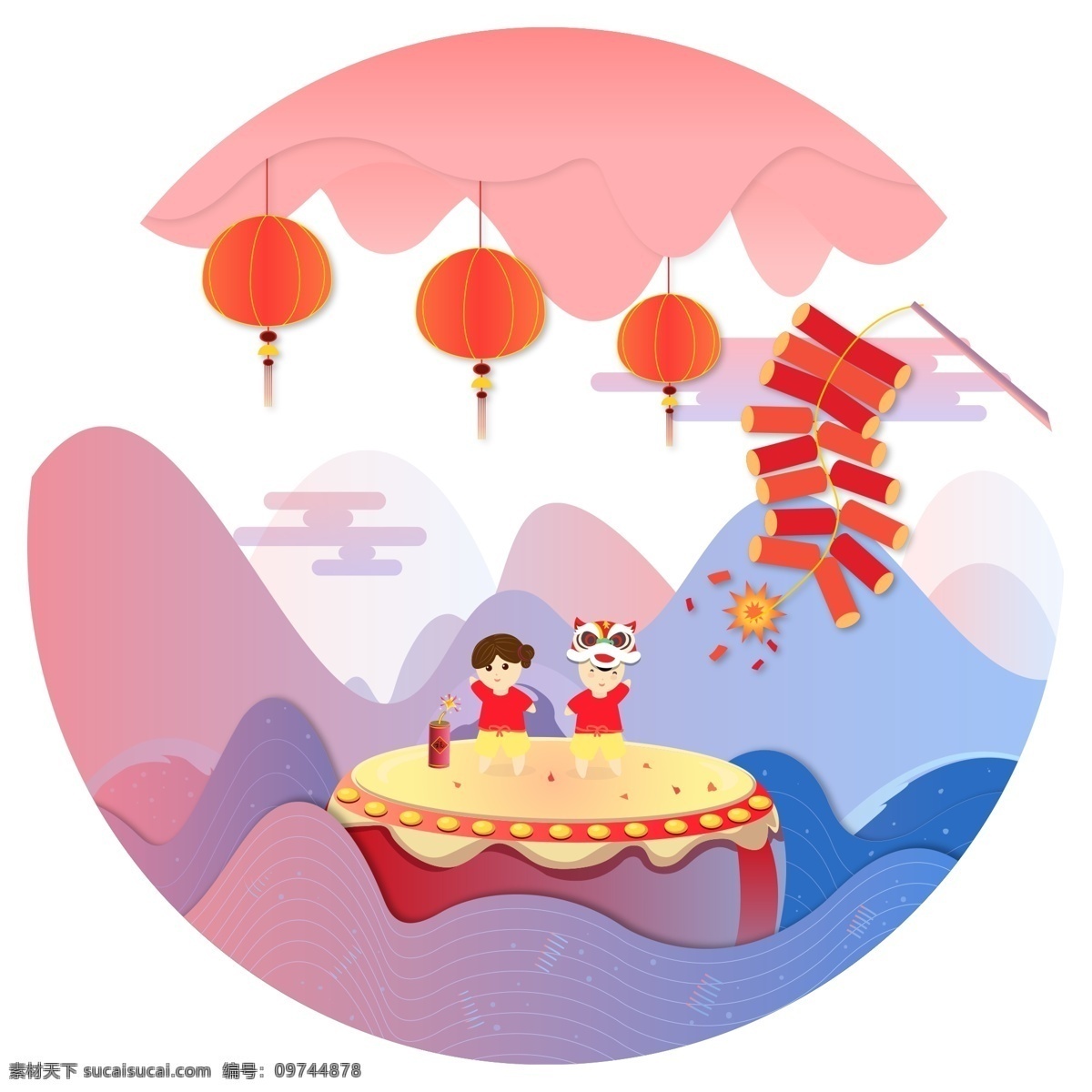 中国 风 古典 大鼓 鞭炮 红灯笼 中国风 古风 卡通 装饰画 风景中华 过年 新年 2019年 中国传统节日 中国红 小景观