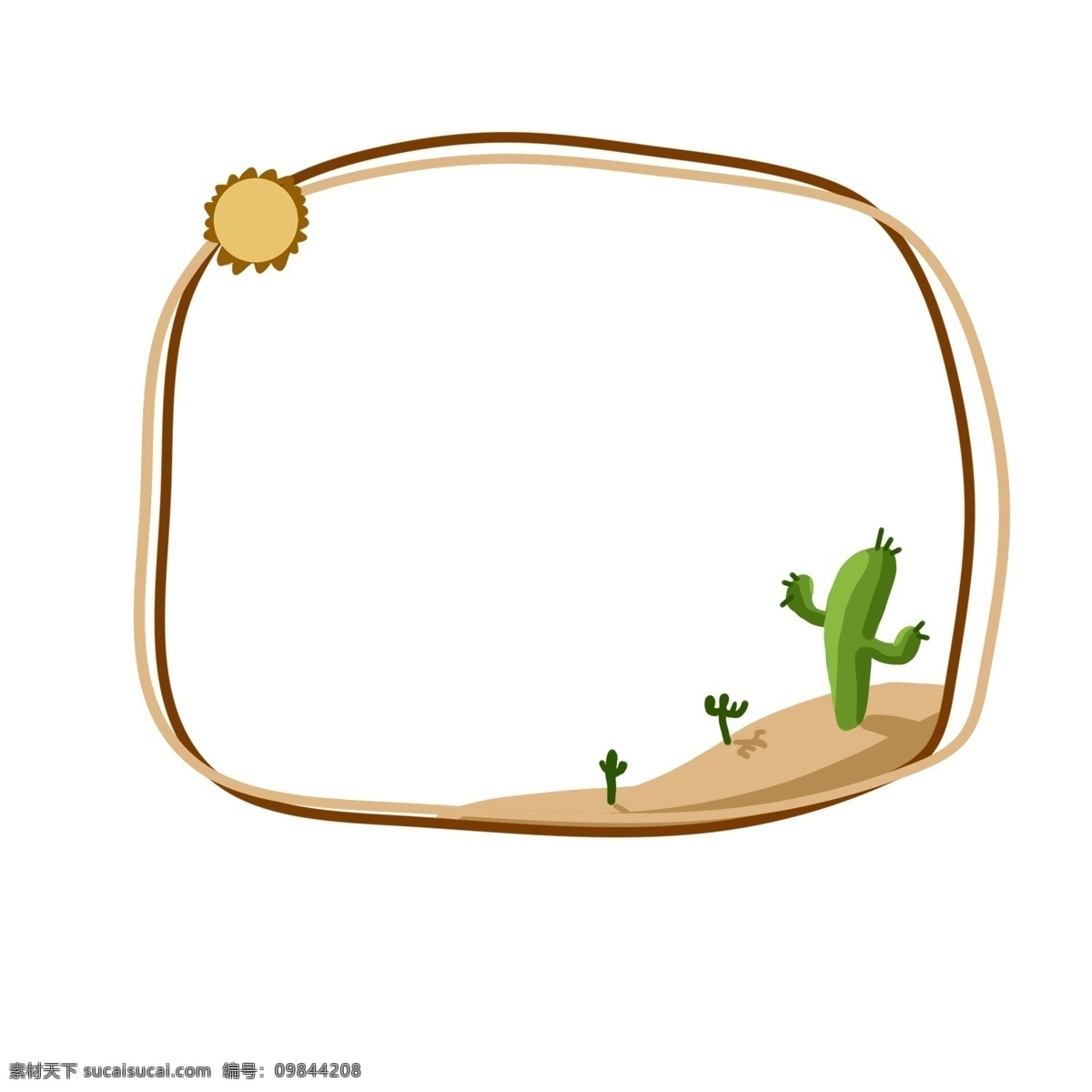 手绘 炎热 沙漠 插画 绿色的仙人掌 炎热的沙漠 大大的太阳 卡通边框 手绘沙漠边框 漂亮的边框