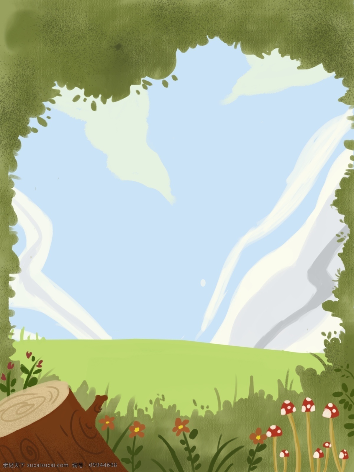手绘 治愈 系 植物 树林 插画 背景 绿色背景 治愈系背景 插画背景 植物背景 唯美 草地背景 蓝天白云