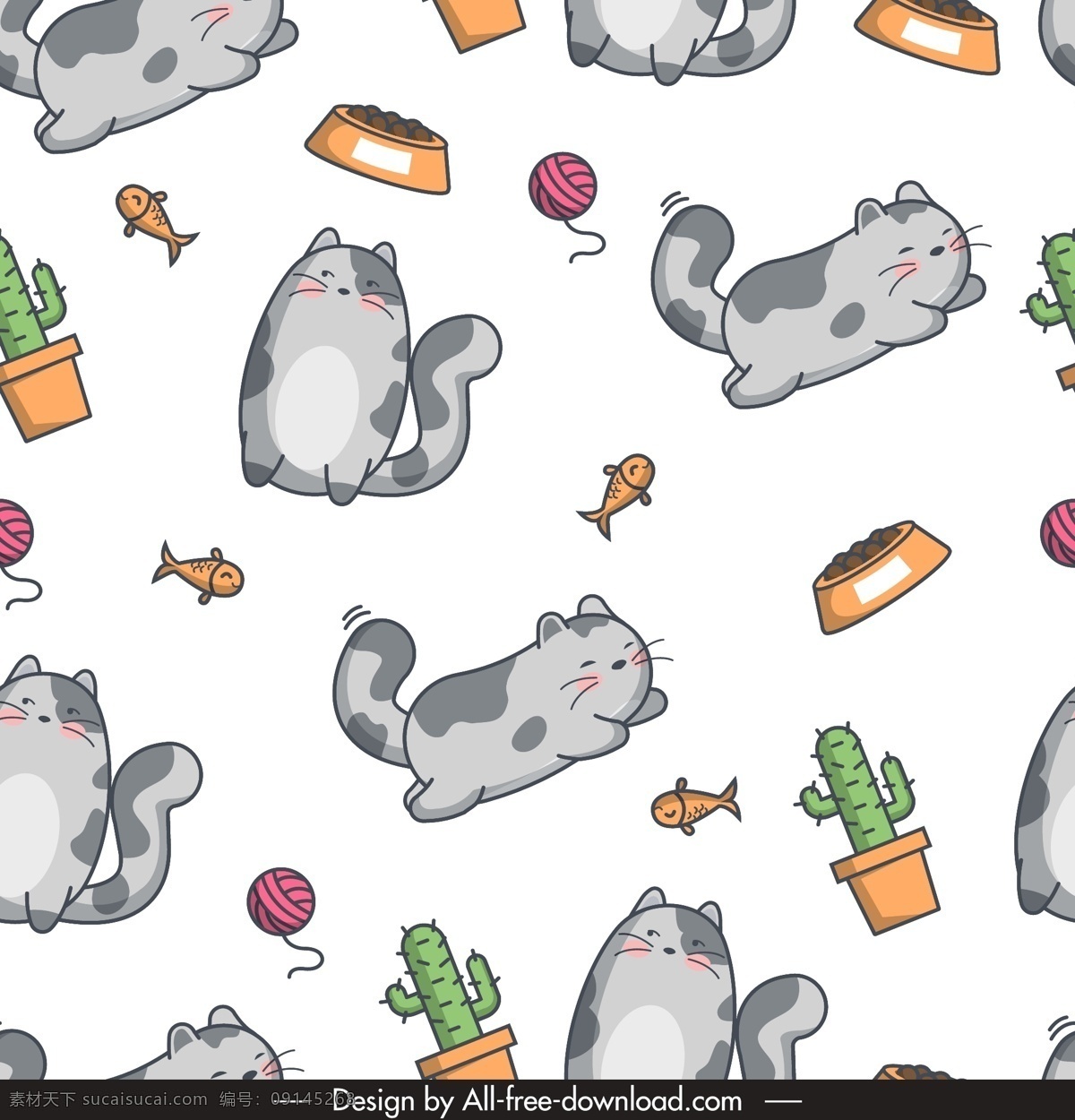 猫咪 无缝 背景图片 猫食盆 仙人掌 宠物 灰色 矢量 高清图片
