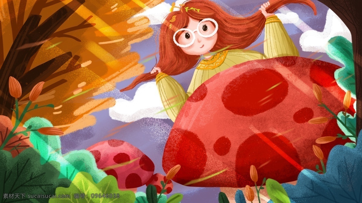 原创 六一儿童节 小女孩 丛林 之旅 蘑菇 树林 儿童 节日