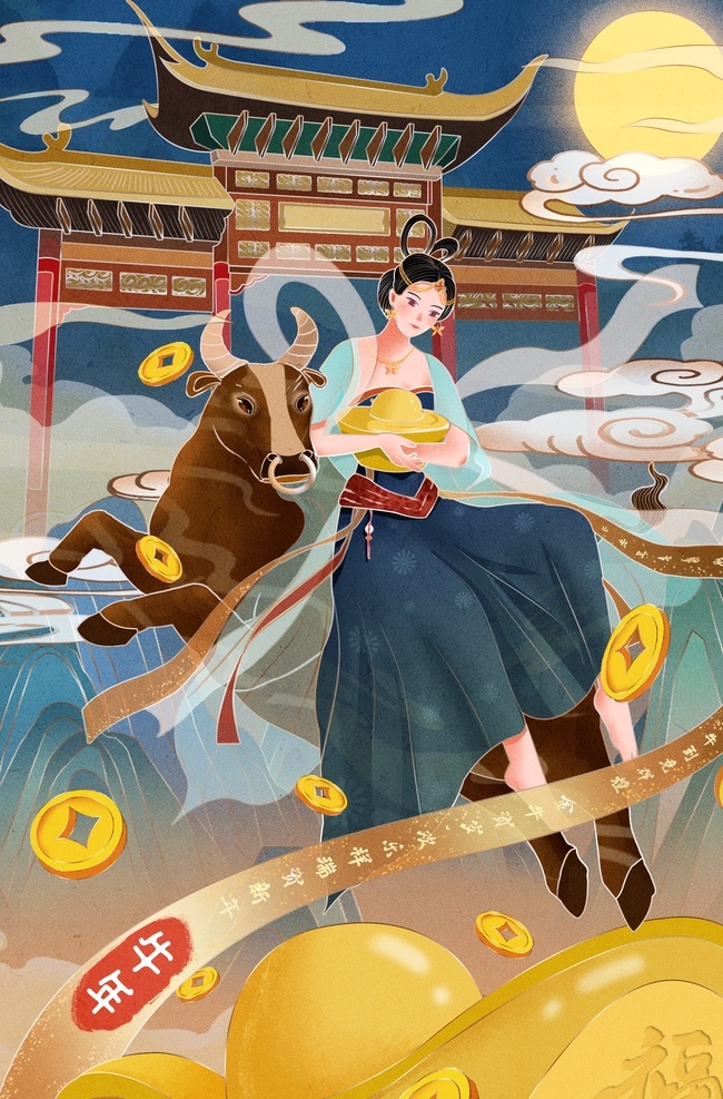牛年 新年 人物 插画 卡通 背景 素材图片 清新 类