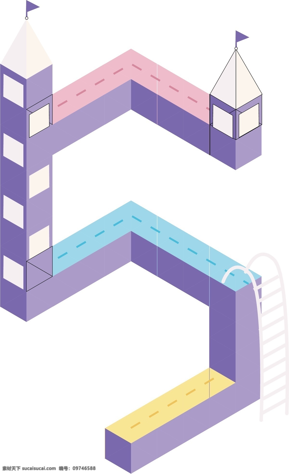卡通 城堡 阶梯 立体 数字 紫色 创意 矢量 元素 可爱