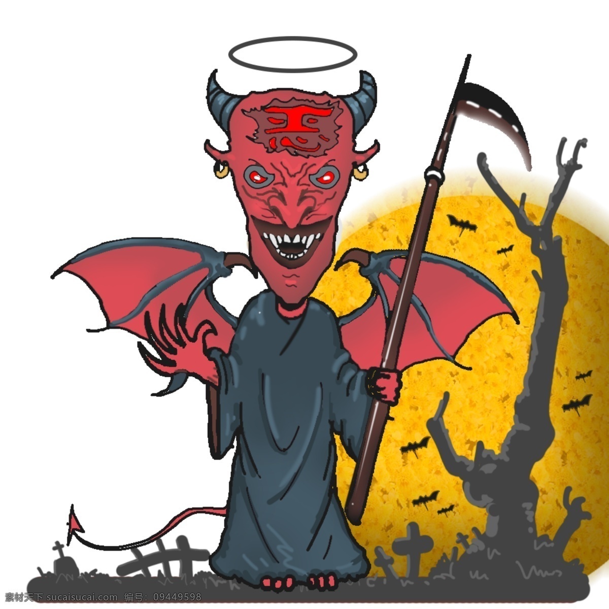 手绘 万圣节 恐怖 恶魔 场景 透明 底 商用 月亮 月球 墓碑 镰刀 万圣节恶魔 恶魔场景 树 恶 红色恶魔 蝙蝠