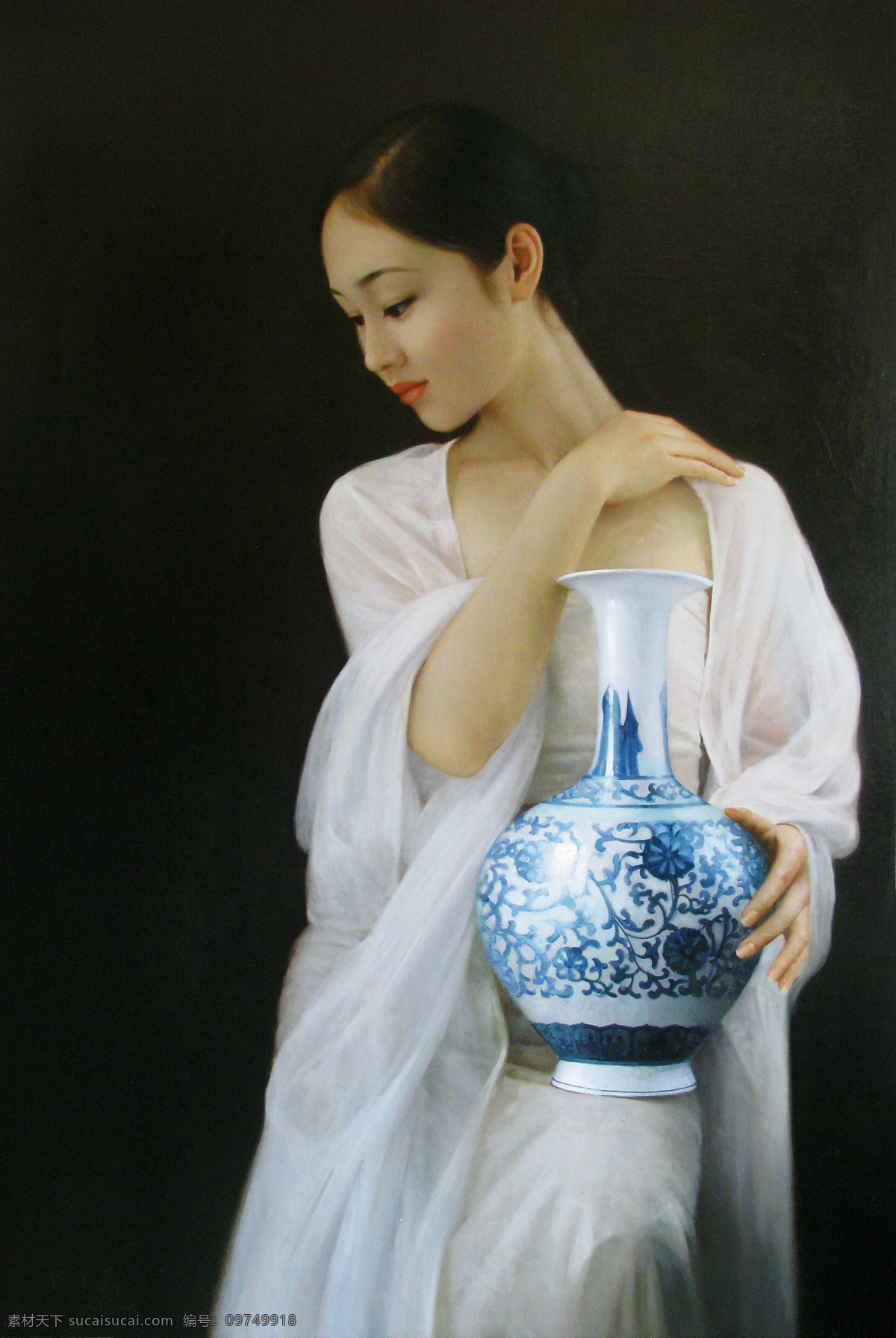 青花 美术 绘画 油画 女人 女子 姑娘 美人 表情 动作 姿势 青花瓶 油画艺术 油画作品28 绘画书法 文化艺术