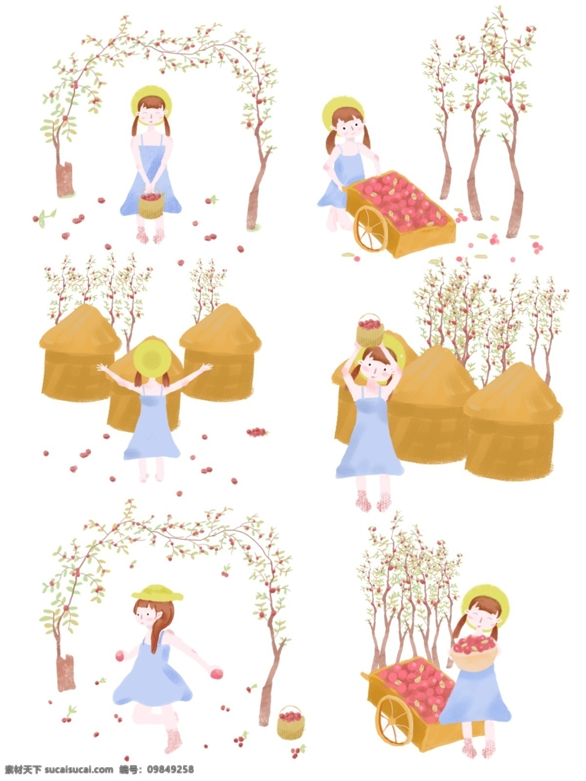 节气 立秋 女孩 商用 元素 丰收 可爱 插画 活泼 少女 收获 果实