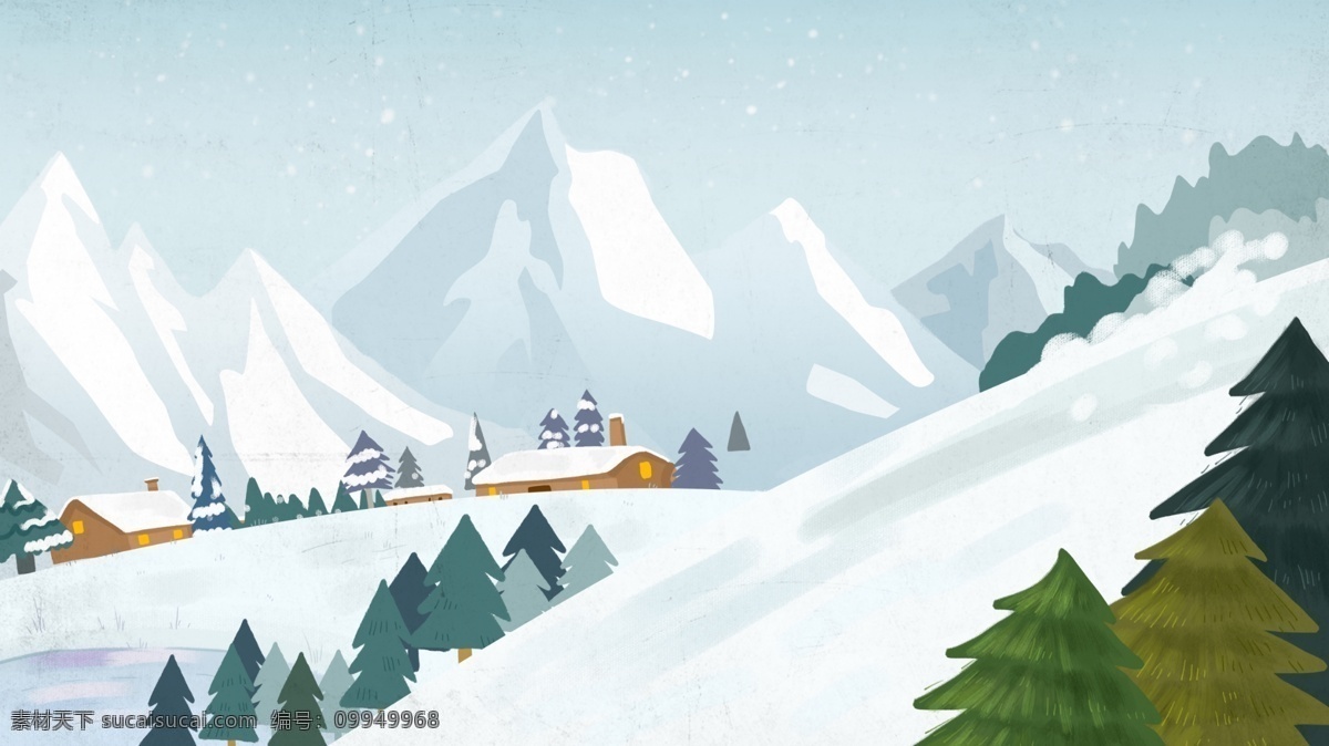 蓝色 卡 通风 圣诞树 雪山 背景 中国风 24节气 雪地 雪景 冬季 小雪 大雪背景素材 圣诞树背景