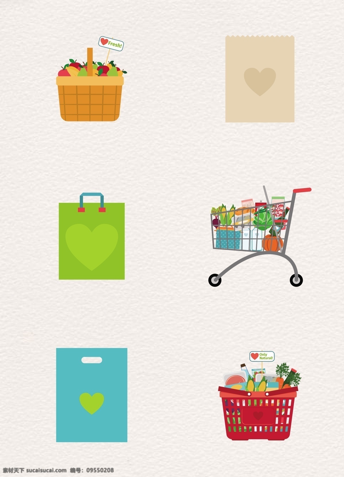 扁平化 商场 购物 物品 卡通 购物车 购物篮 纸袋子 购物袋 超市购物