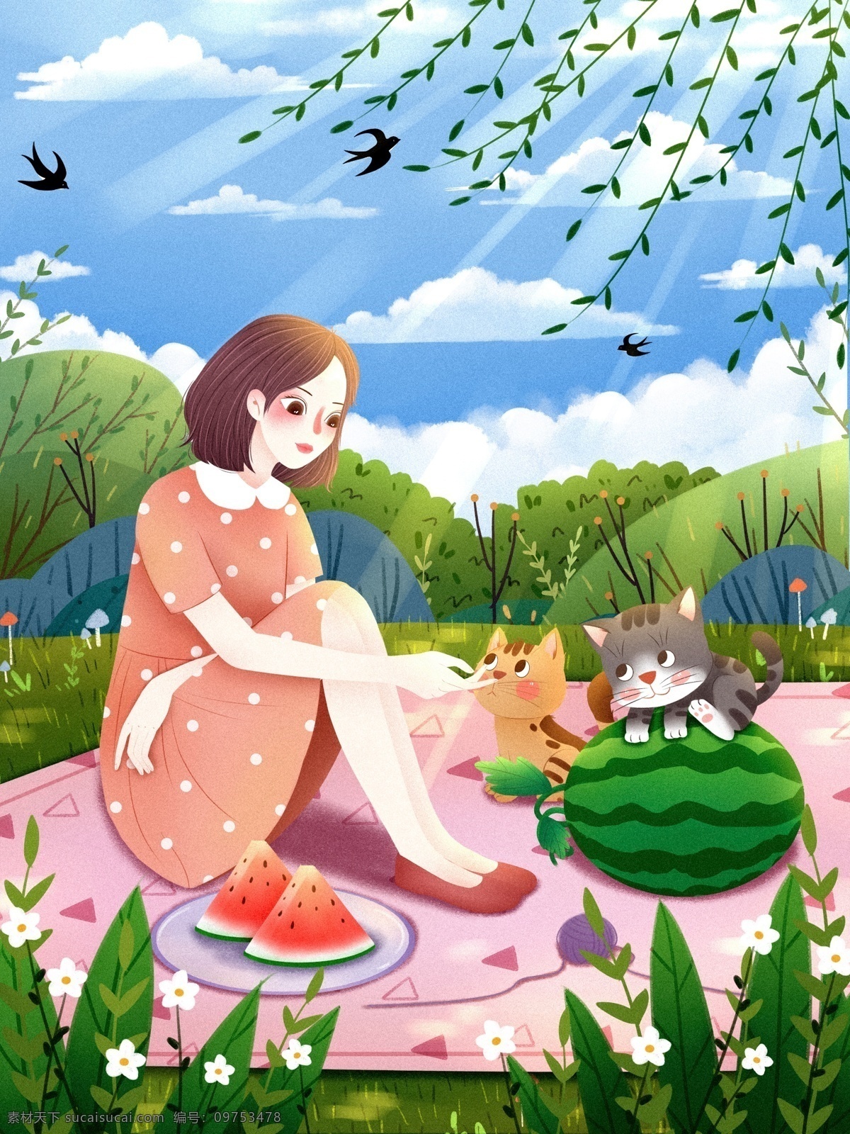 夏至 节气 夏天 夏日 插画 立夏 炎热 创意 可爱 治愈 温馨 猫咪 节气海报 卡通