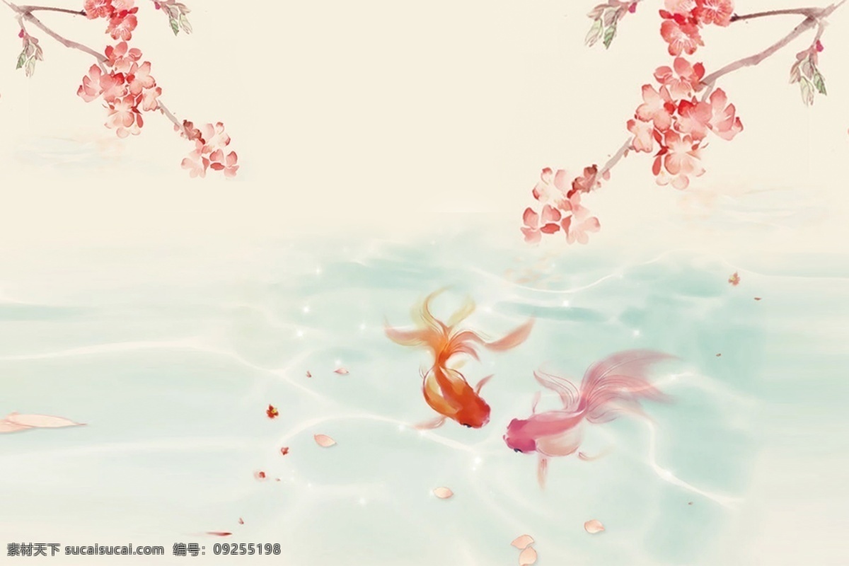 小鱼 嬉戏 简约 背景 墙 源文件 玩耍 手绘 花瓣 小河 背景墙 背景墙设计