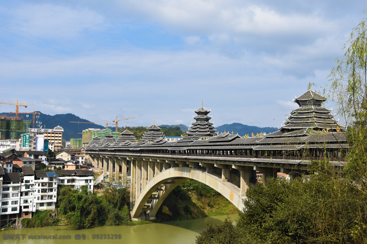 柳州三江 广西 三江侗族 鼓楼 旅游 建筑 天空 山脉 桥 自然景观 建筑景观