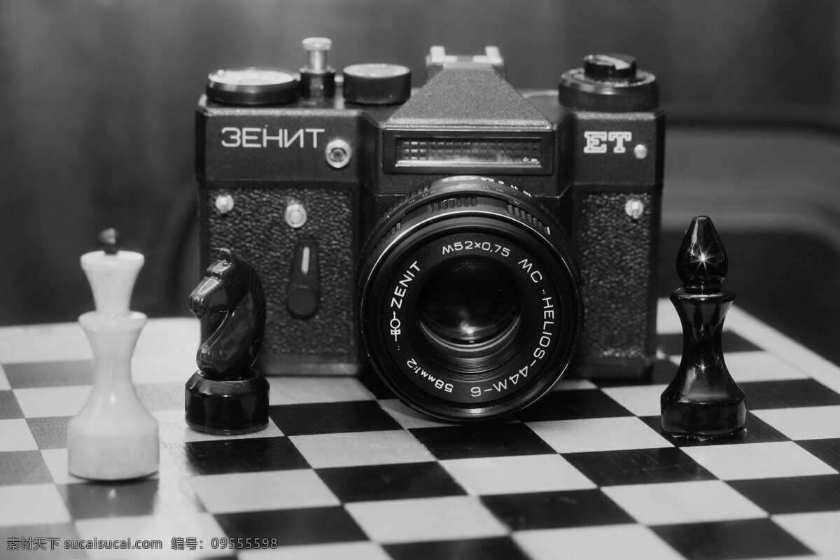 复古 黑白 相机 照相机 国际象棋 棋盘