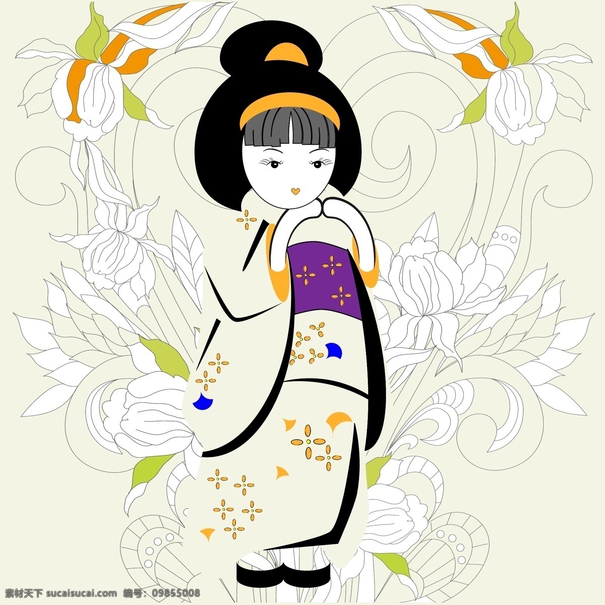 手工 绘制 日本 和服 娃娃 矢量 材质 绘画 手绘 图案 鲜花 矢量图 矢量人物