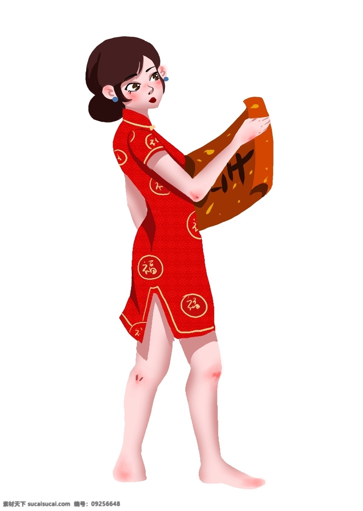 卡通 手绘 春节 贴 对联 美丽 女士 创意 海报 红色 创意海报 创意设计 卡通手绘 水彩 节日 庆祝 红色旗袍