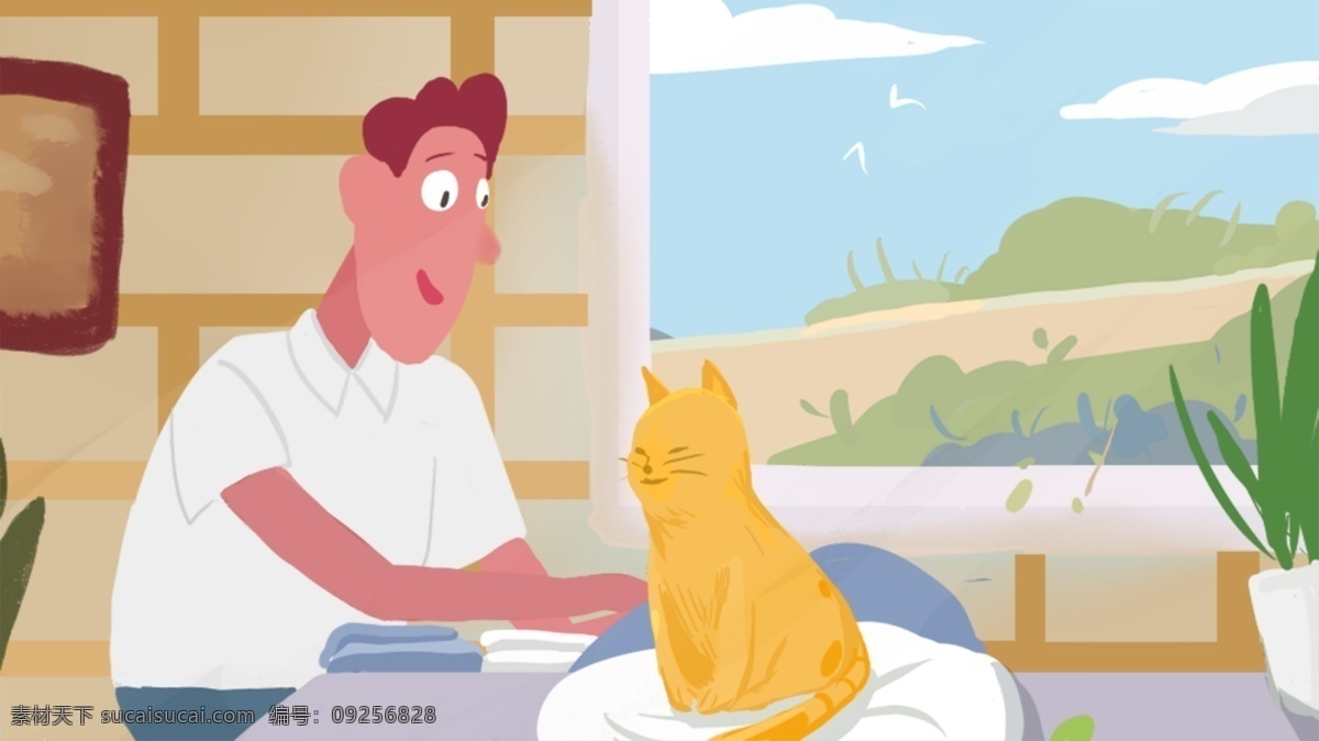 宠物 猫 主人 原创 插画 猫咪 窗子 清新 自然 可爱 宠物猫