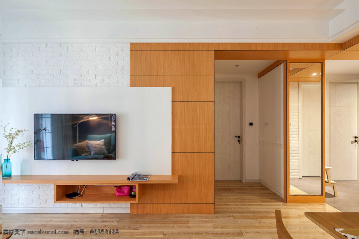 现代 时尚 客厅 黄褐色 门 室内装修 效果图 客厅装修 白色背景墙 木地板 木制电视柜