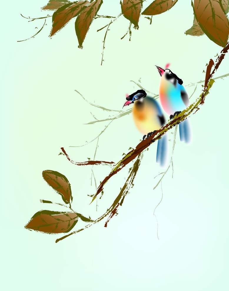 成双成对 树叶 枝头 鸟儿 蓝色背景 中国风 移门图案 底纹边框