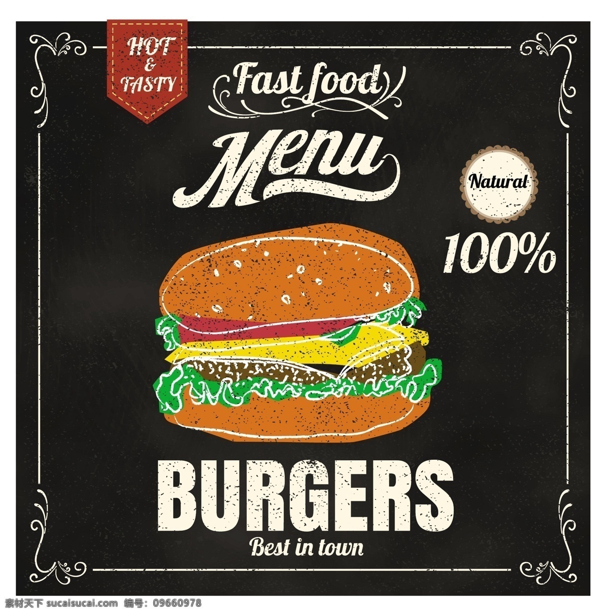 黑底 手绘 西餐 汉堡 海报 矢量 美食 汉堡包 菜谱素材 餐饮美食 菜单背景