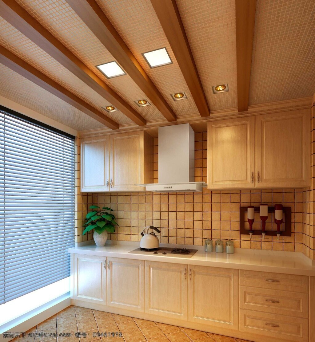 简约 风 室内设计 厨房 暖色调 效果图 现代 料理台 浅色系 壁柜 吊柜 收纳柜 家装