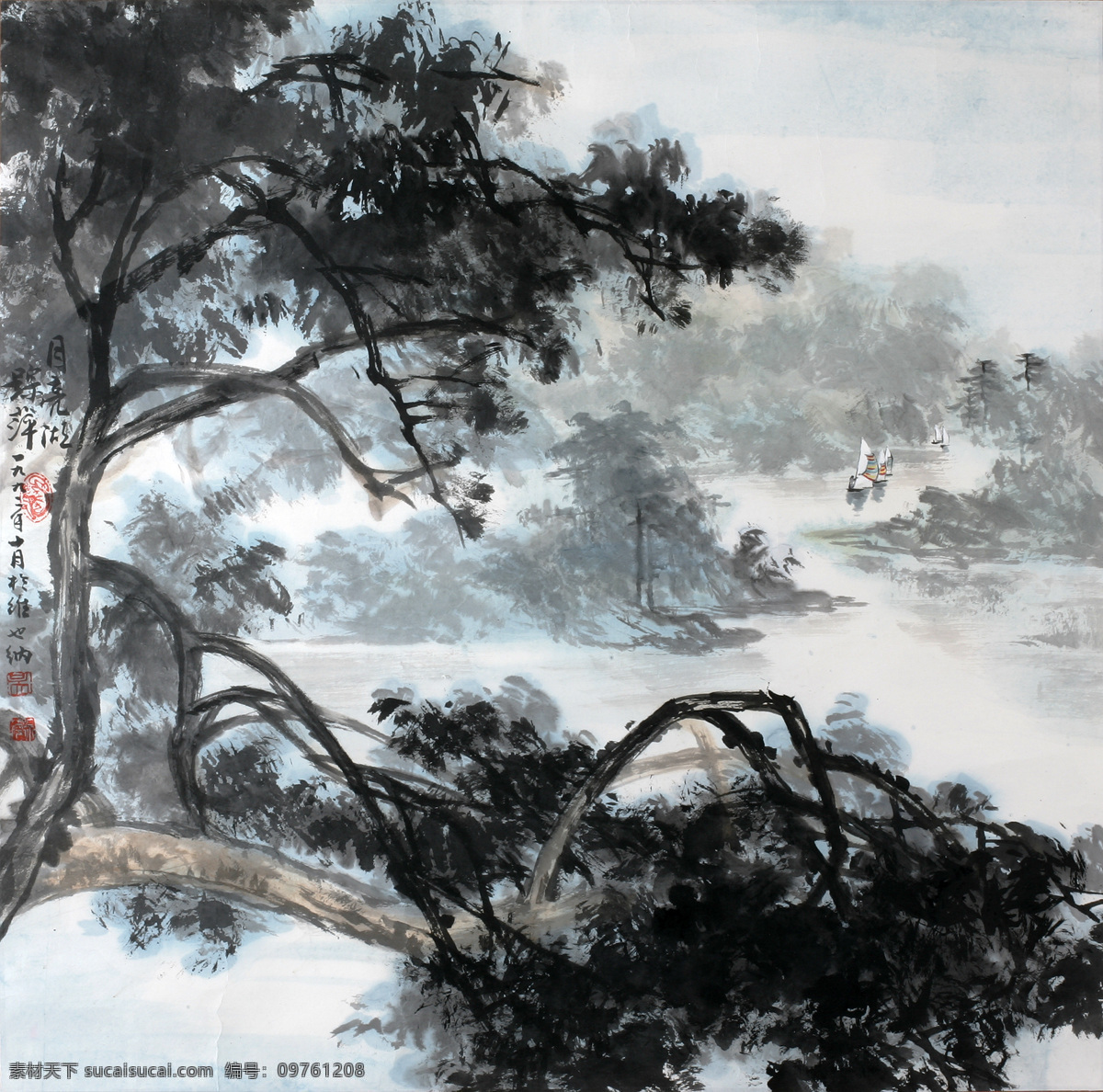 树木 河流 水墨画 名画 水墨花卉植物 国画 中国画 绘画艺术 装饰画 挂画 书画文字 文化艺术