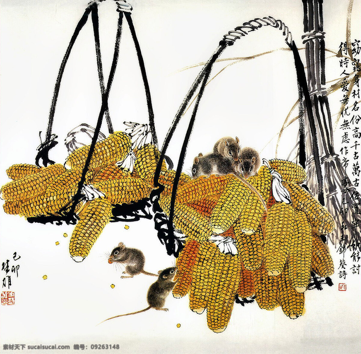 鼠趣 美术 绘画 中国画 彩墨画 动物画 现代国画 老鼠 精灵 偷食 玉米 篮子 国画艺术 书法 印章 国画集22 绘画书法 文化艺术