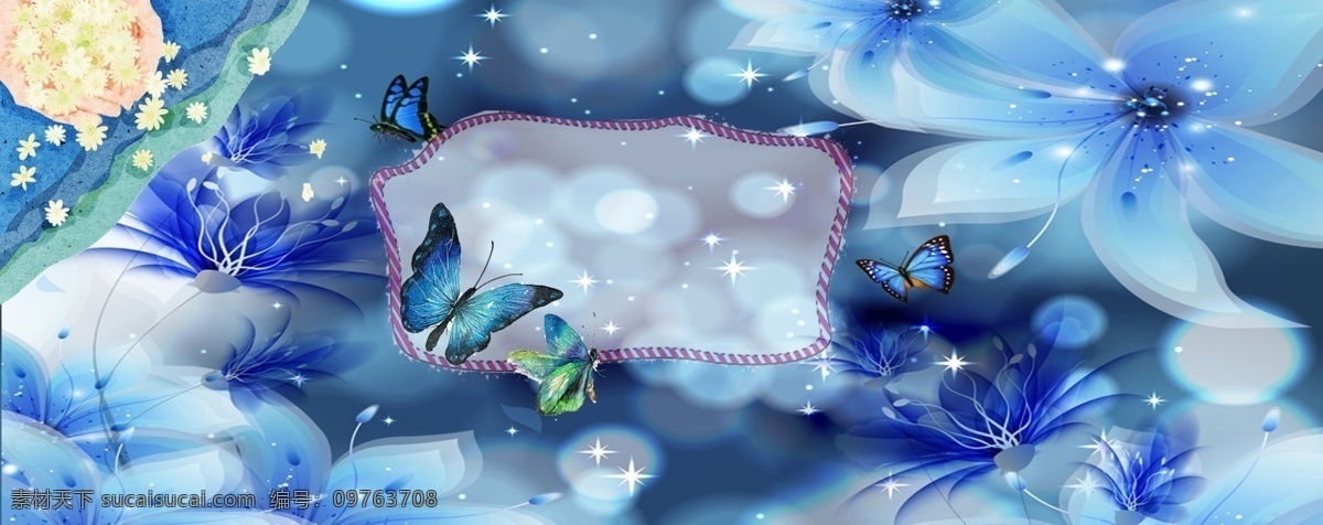 蓝色海报 蝴蝶 花卉 对话框