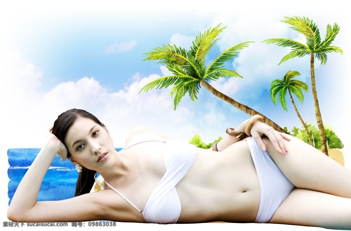 海滨 沙滩 比基尼 美女 度假 分层 大海 海滩 海洋 滨 女人 内衣 泳衣 泳装 夏季 夏天 休闲 椰子树 源文件 psd源文件