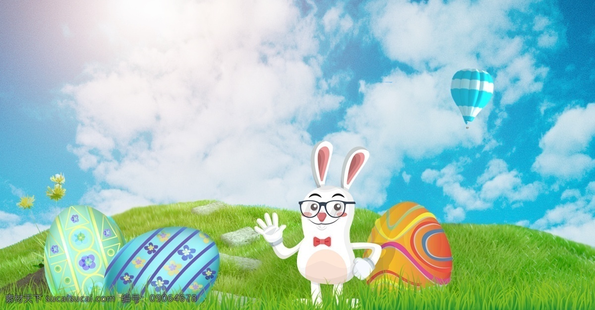 创意 合成 复活节 彩蛋 可爱 背景 创意合成 草 蓝天白云 兔子 愚人节 母亲节 耶稣
