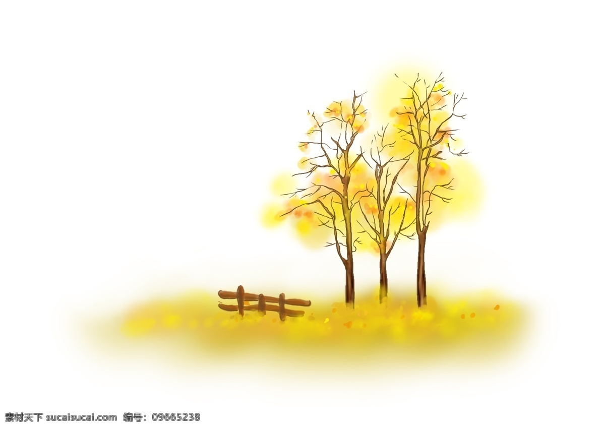 手绘 秋季 树木 落叶 胡杨树 银杏树 种植 金黄色 风景 线条 淡彩 季节 郊外 旅游 公园