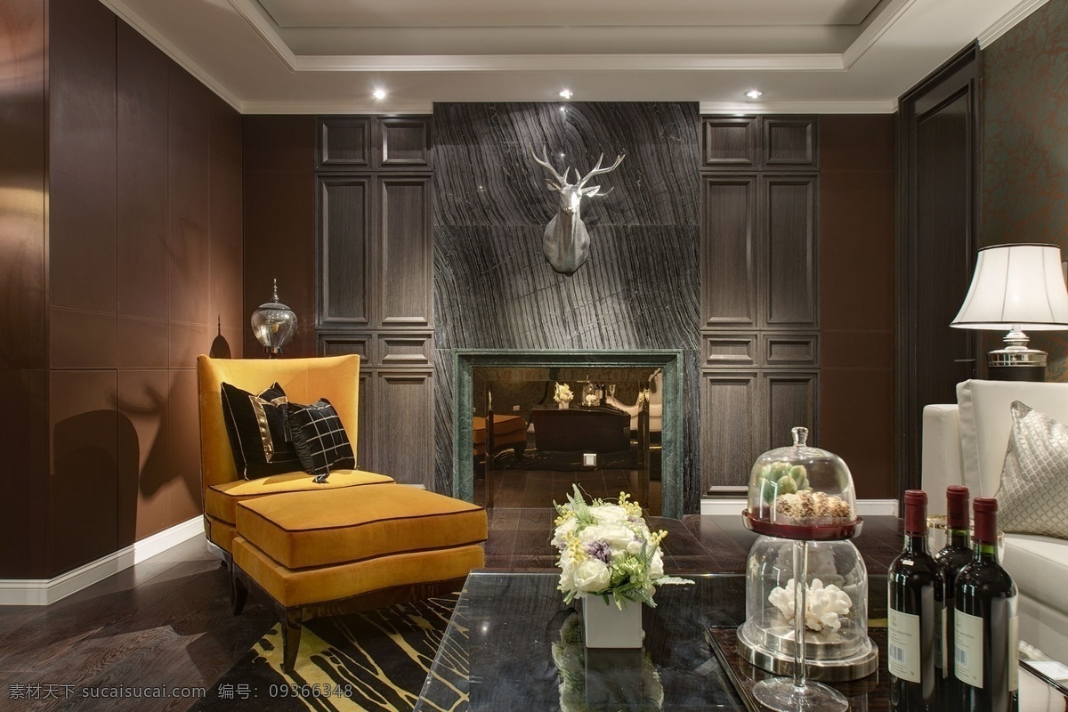 现代 时尚 客厅 土黄色 躺椅 室内装修 效果图 木地板 客厅装修 亮面茶几 白色台灯