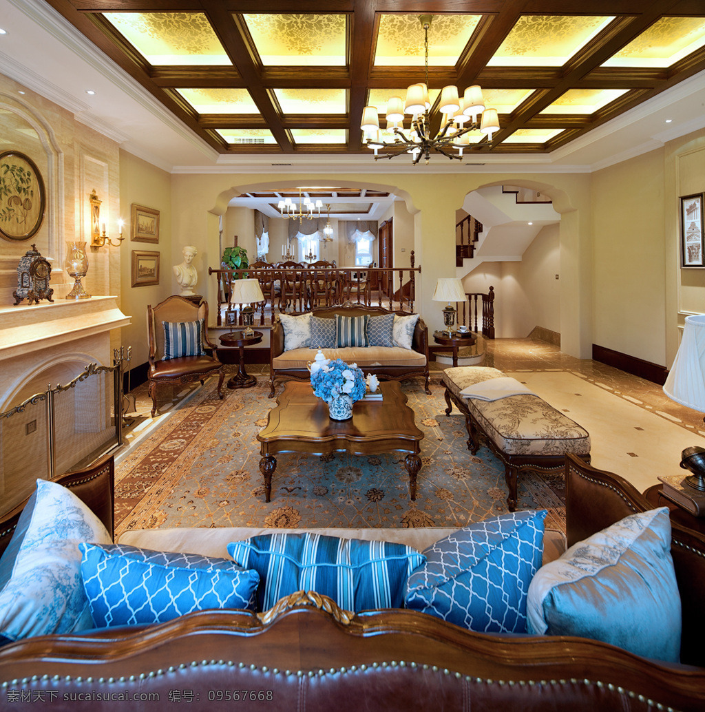 欧式 轻 奢 客厅 暖色 天花板 室内装修 效果图 客厅装修 瓷砖地板 花纹地毯 吊灯