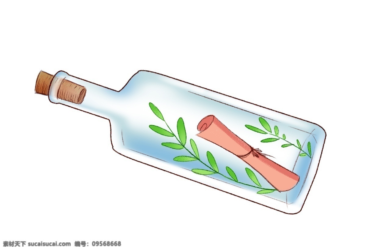 一个 蓝色 漂流 瓶 插画 绿色植物 梦幻 一个漂流瓶 漂流瓶 植物 红色愿望信纸