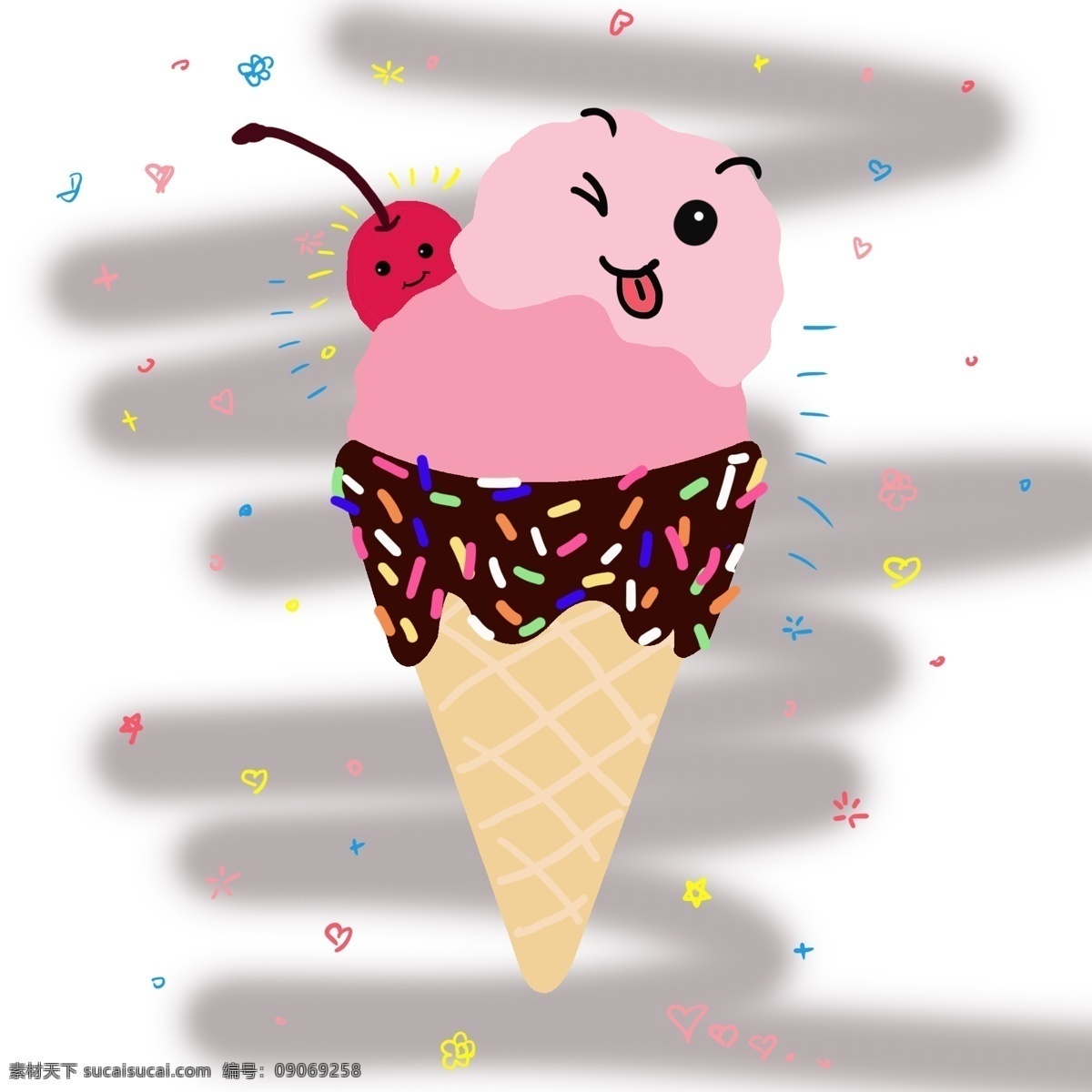 手绘 卡通 冰淇淋 小妹 商用 元素 樱桃 冰激凌 可爱 甜筒 元素图标