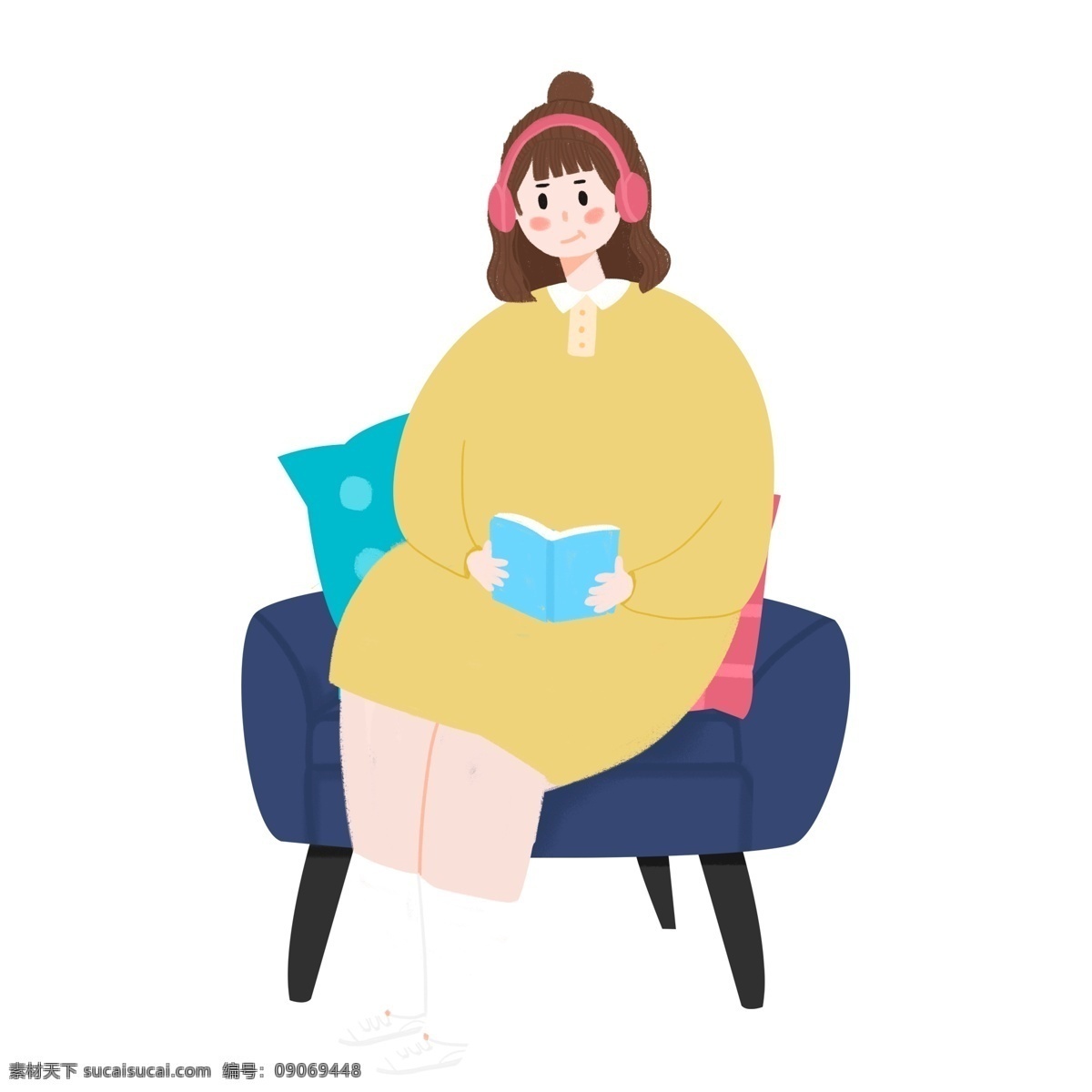 沙发 上 听 音乐 看书 女孩 商用 元素 休闲 时尚 插画 手绘 少女 胖子 听音乐
