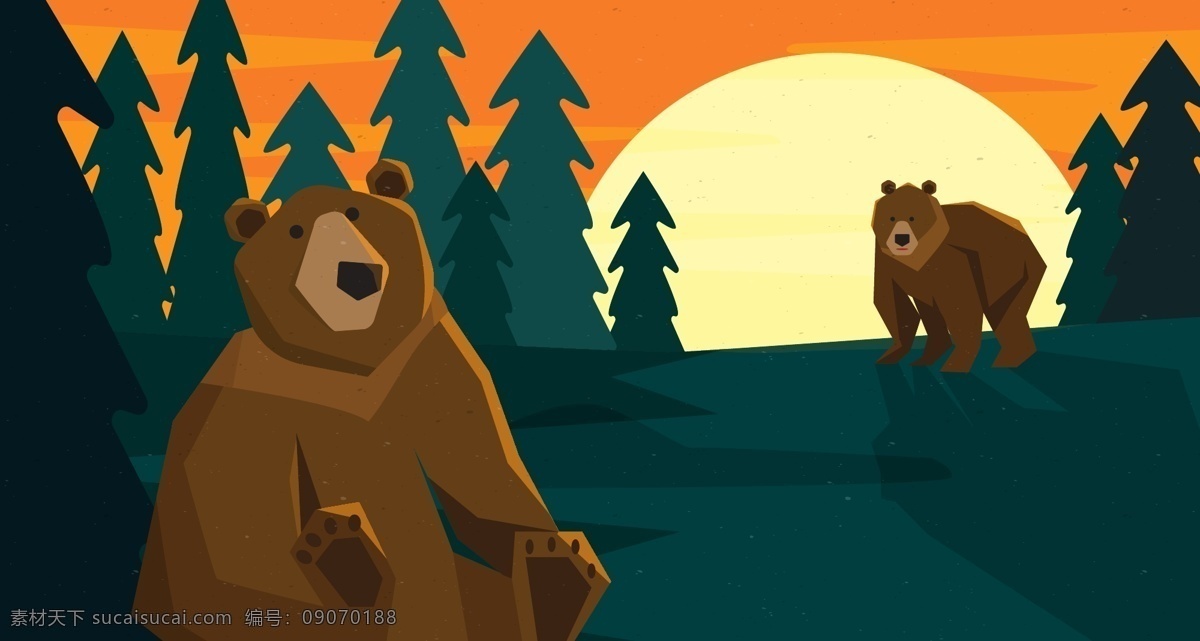 矢量 卡通 森林 熊 出没 矢量森林 矢量动物 卡通动物 森林卡通 手绘森林 森林插画 夕阳 矢量熊 卡通熊 熊插画 熊出没 棕色的熊 动物 生物世界 野生动物