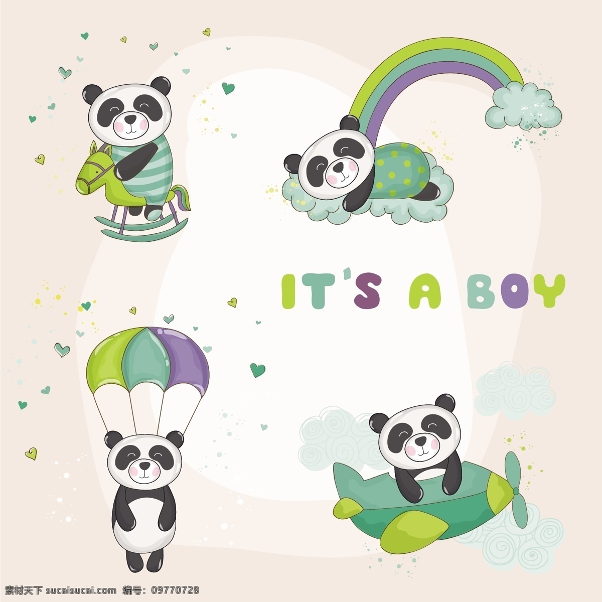 卡通 熊猫 矢量 彩虹 降落伞 矢量素材 设计素材