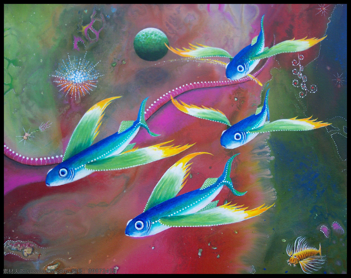 海底 海底世界 绘画书法 文化艺术 绚丽 油画 底 世界 设计素材 模板下载 飞鱼 彩色世界
