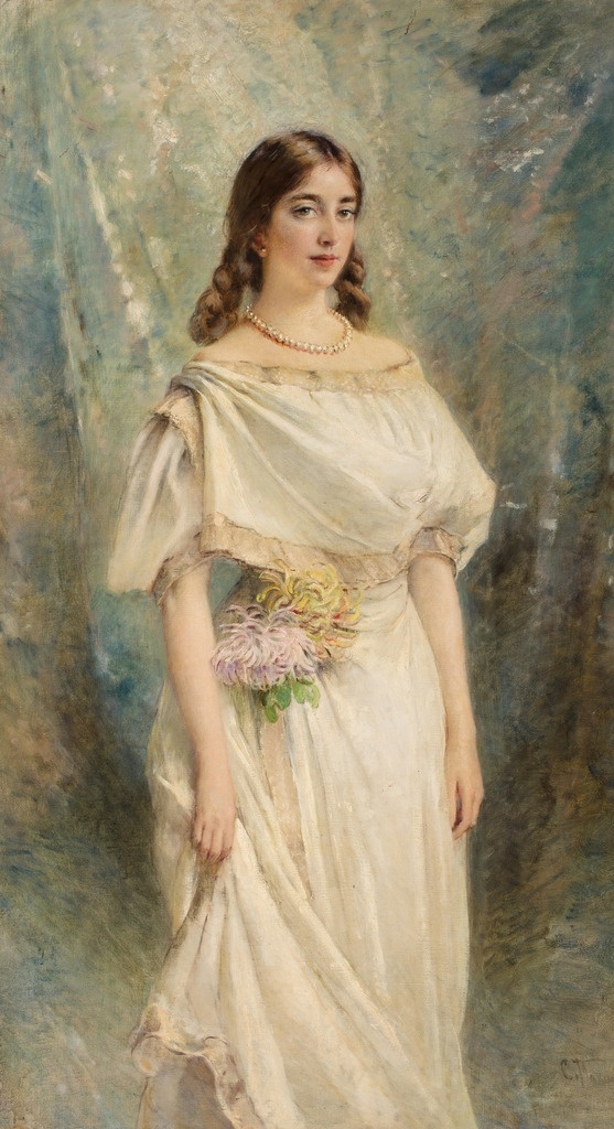 年轻女子 贵族之家 站像 白色连衣裙 美丽端庄 19世纪油画 油画 文化艺术 绘画书法