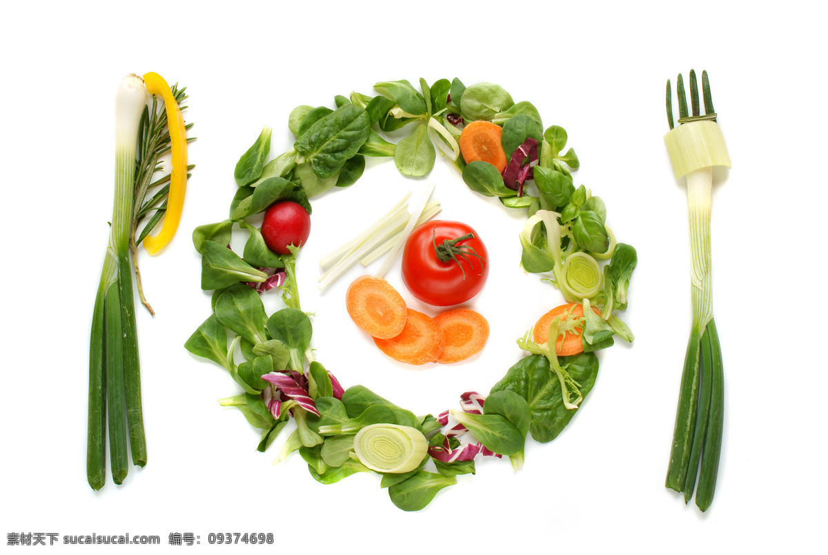 蔬菜 组成 刀叉 盘子 新鲜蔬菜 胡萝卜 葱 蕃茄 西红柿 创意 蔬菜图片 餐饮美食